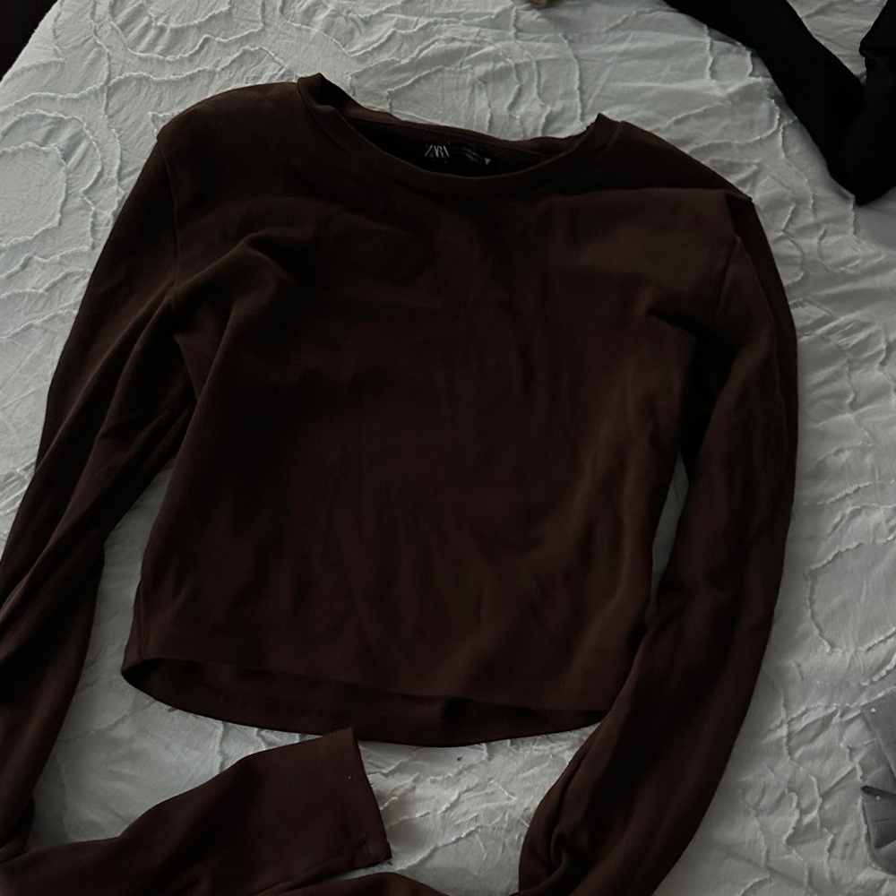 Zara Long-Sleeve Crewneck Top in Dark Brown